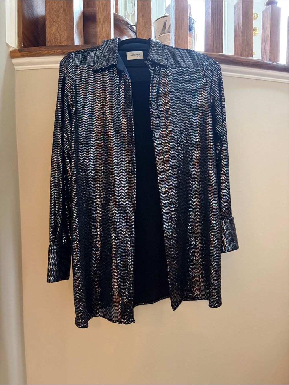 Shimmering Black Sequin Button-Down Top
